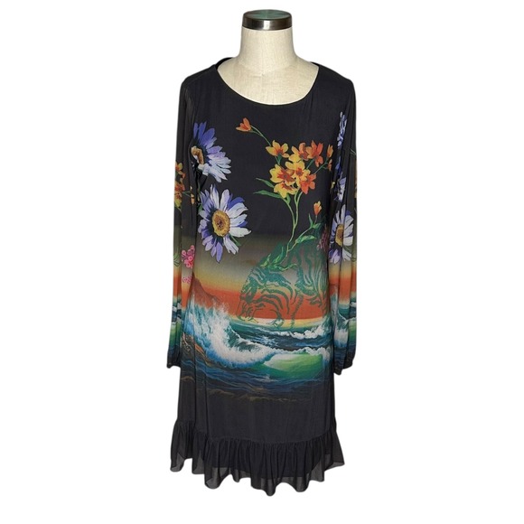Desigual Dresses & Skirts - DESIGUAL Black Barton Dress Floral Ocean Wave Print Long Sleeve Ruffle US M NWT